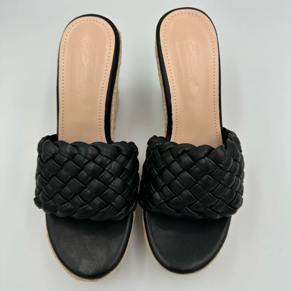 Black & Cream Braided Wedge Espadrille Platform Slides | Size 8 Summer Shoes